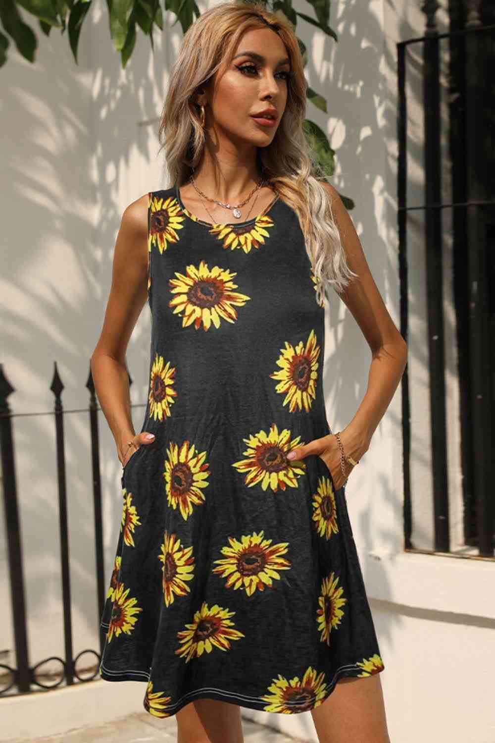 Printed Round Neck Sleeveless Dress with Pockets Trendsi