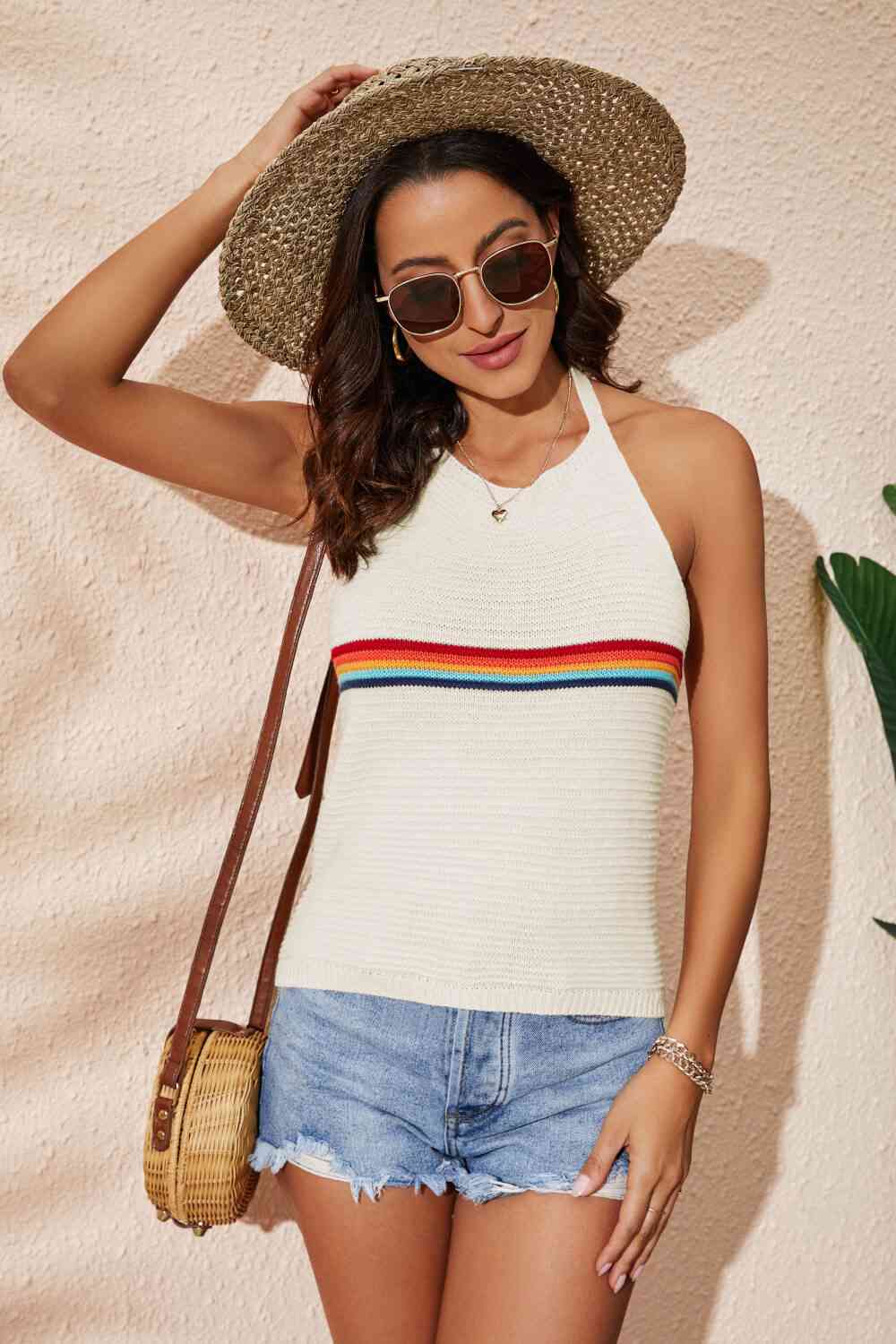 Rainbow Stripe Halter Neck Knit Tank Trendsi