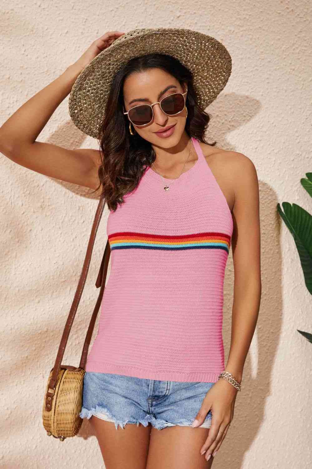 Rainbow Stripe Halter Neck Knit Tank Trendsi