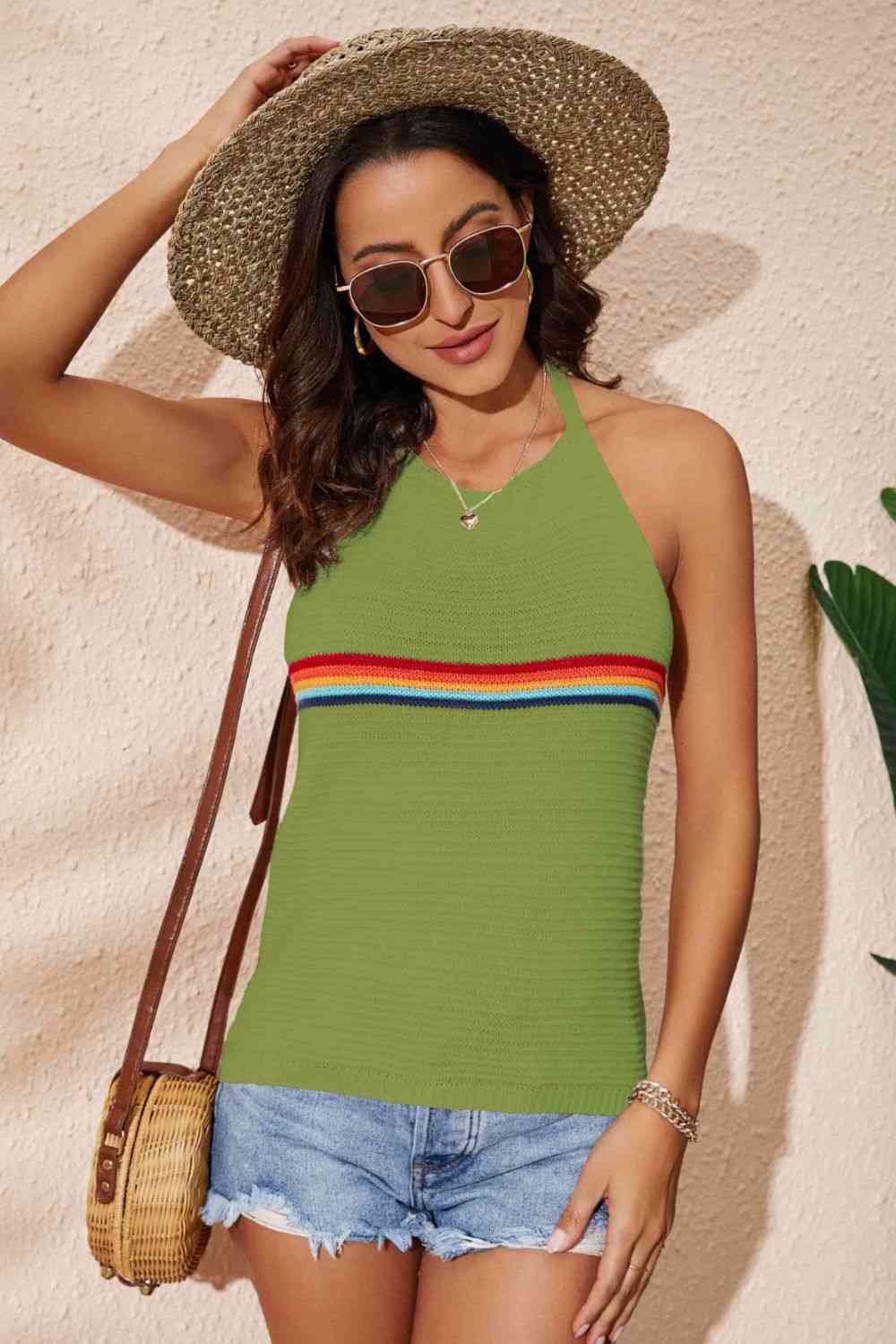 Rainbow Stripe Halter Neck Knit Tank Trendsi