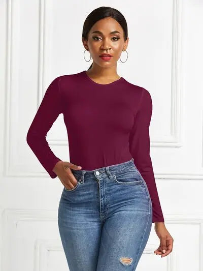 Round Neck Long Sleeve Bodysuit Trendsi