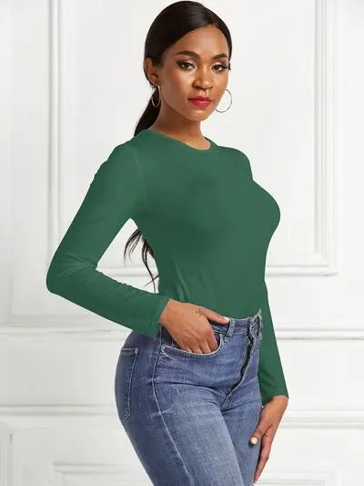 Round Neck Long Sleeve Bodysuit Trendsi