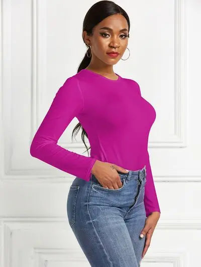 Round Neck Long Sleeve Bodysuit Trendsi