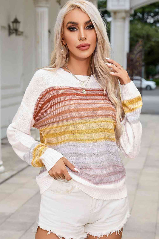 Round Neck Printed Dropped Shoulder Knit Top Trendsi