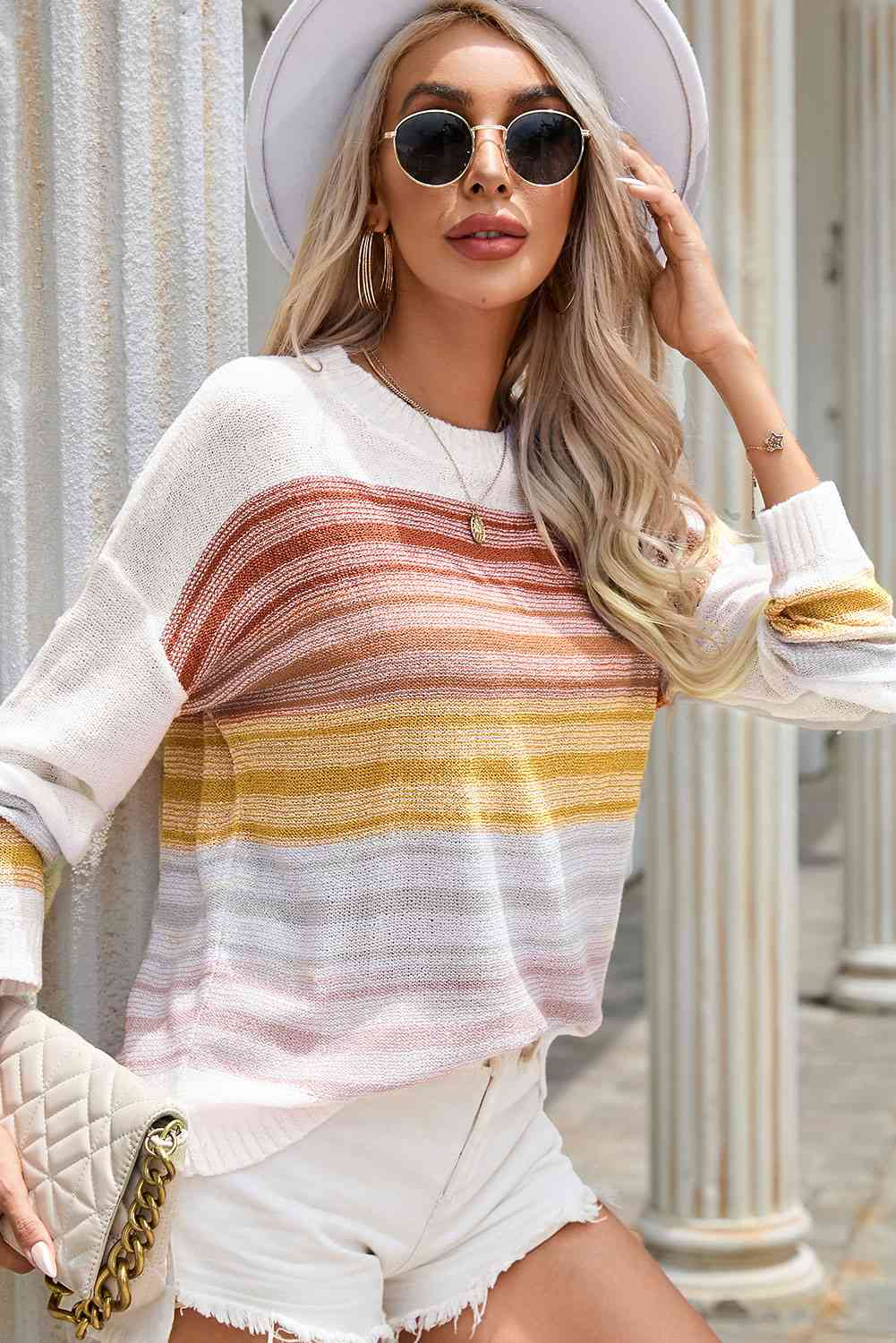 Round Neck Printed Dropped Shoulder Knit Top Trendsi