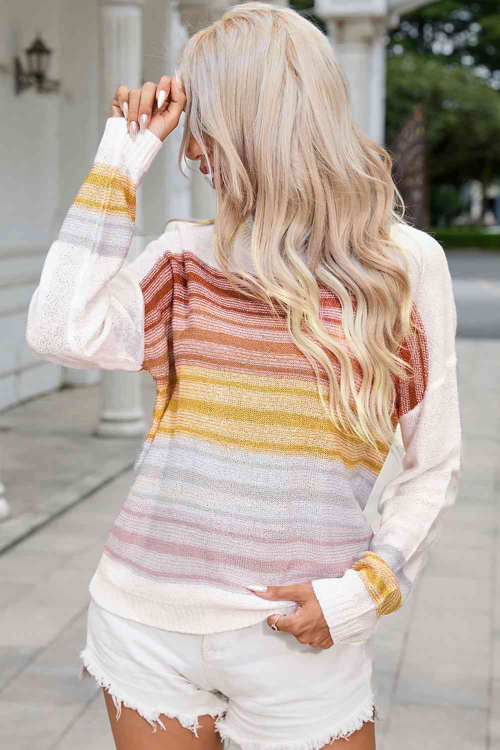 Round Neck Printed Dropped Shoulder Knit Top Trendsi