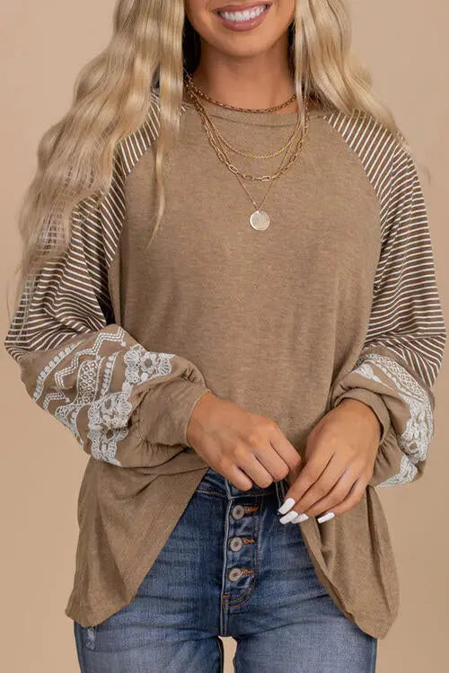 Striped Round Neck Long Sleeve Blouse Trendsi