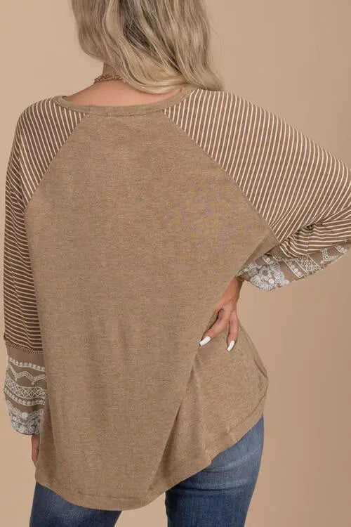 Striped Round Neck Long Sleeve Blouse Trendsi