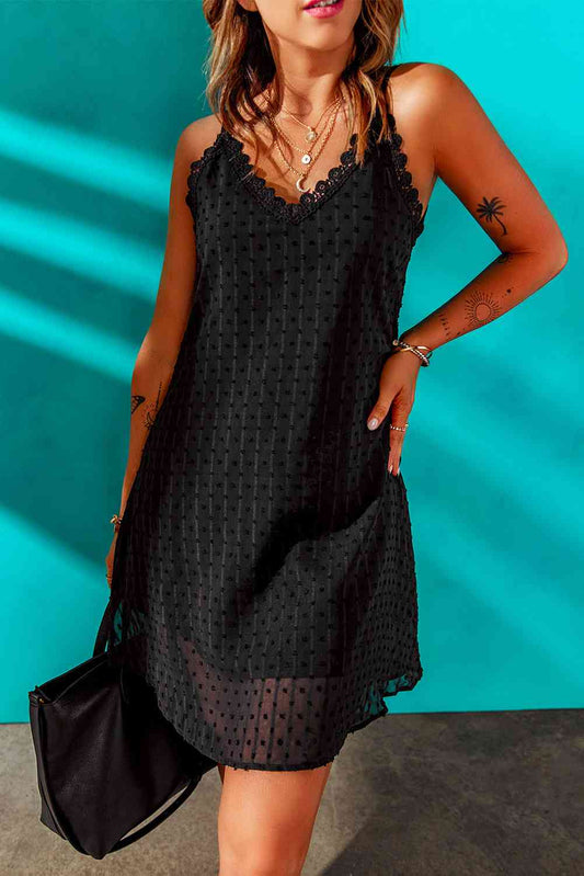 Swiss Dot Lace Trim V-Neck Dress Trendsi