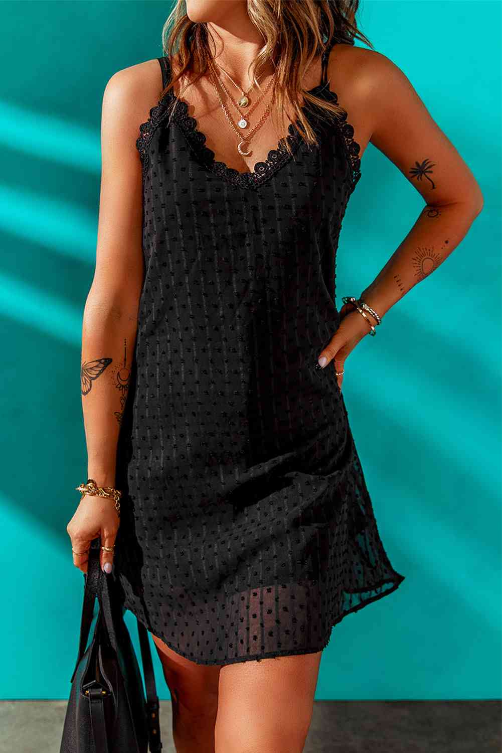 Swiss Dot Lace Trim V-Neck Dress Trendsi