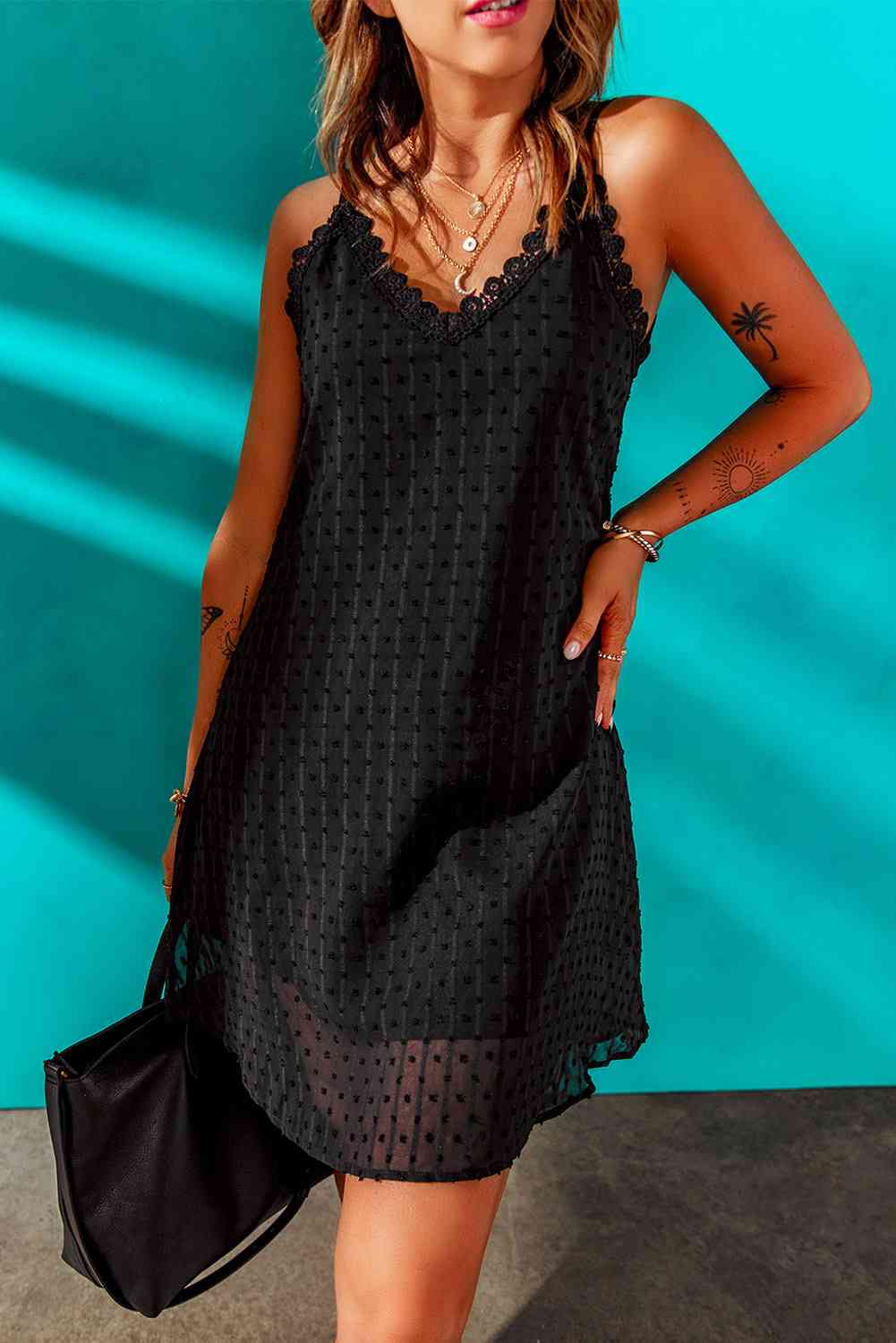 Swiss Dot Lace Trim V-Neck Dress Trendsi