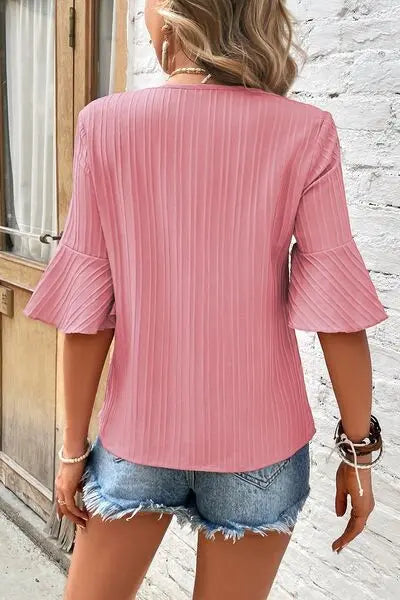 Textured V-Neck Flounce Sleeve Blouse Trendsi