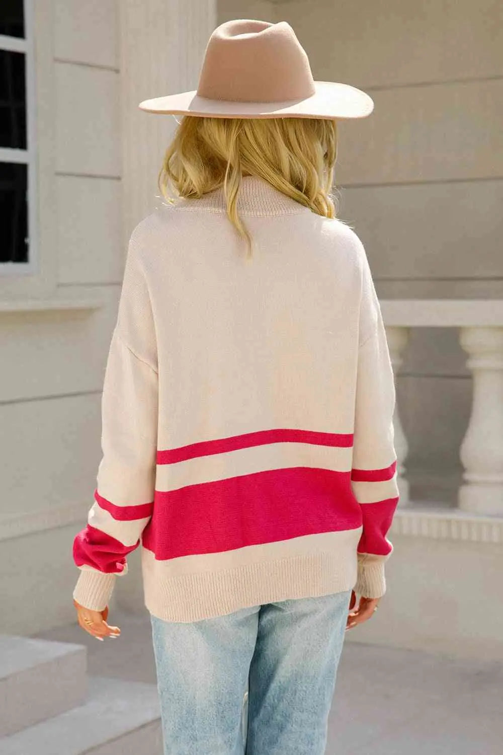 Two-Tone Long Sleeve Zip-Up Knit Top Trendsi