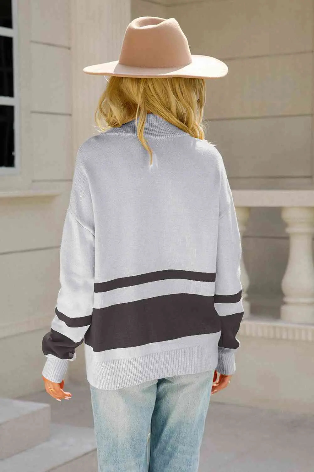 Two-Tone Long Sleeve Zip-Up Knit Top Trendsi