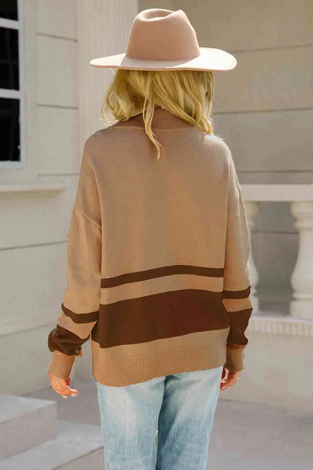 Two-Tone Long Sleeve Zip-Up Knit Top Trendsi