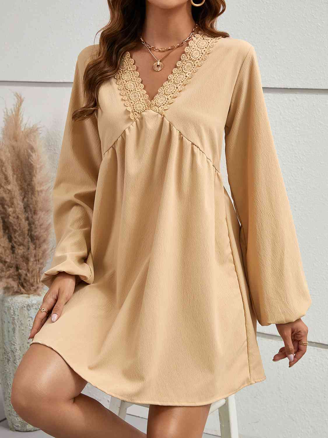 V-Neck Lace Detail Mini Dress Trendsi