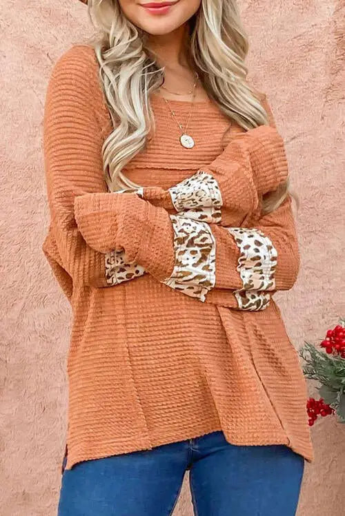 Waffle-Knit Leopard Long Sleeve Slit Blouse Trendsi