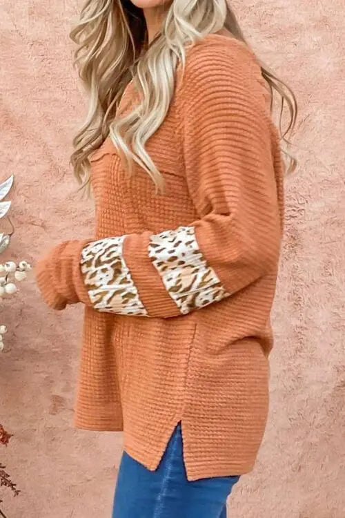 Waffle-Knit Leopard Long Sleeve Slit Blouse Trendsi