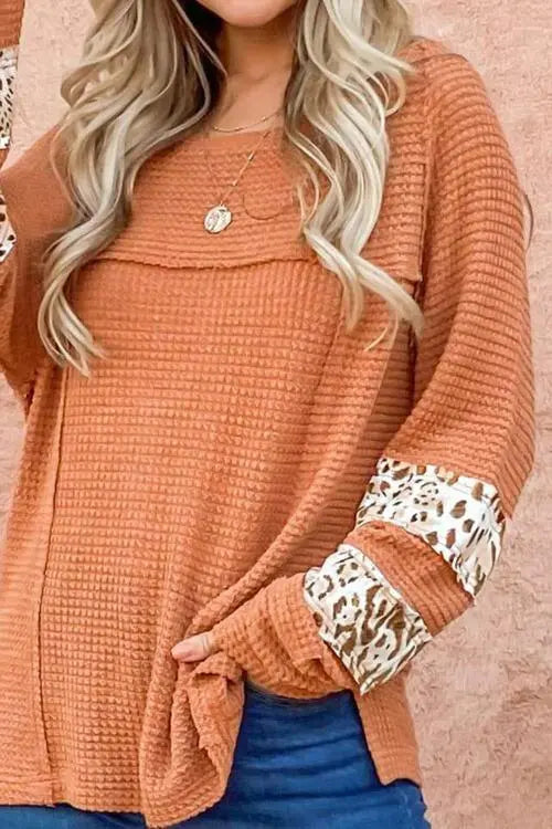 Waffle-Knit Leopard Long Sleeve Slit Blouse Trendsi