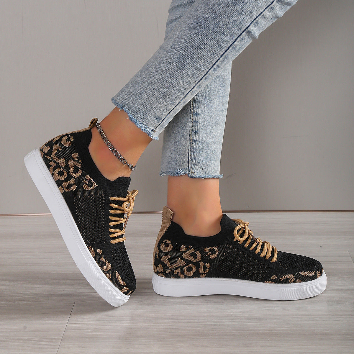 Lace-Up Black Leopard Flat Sneakers