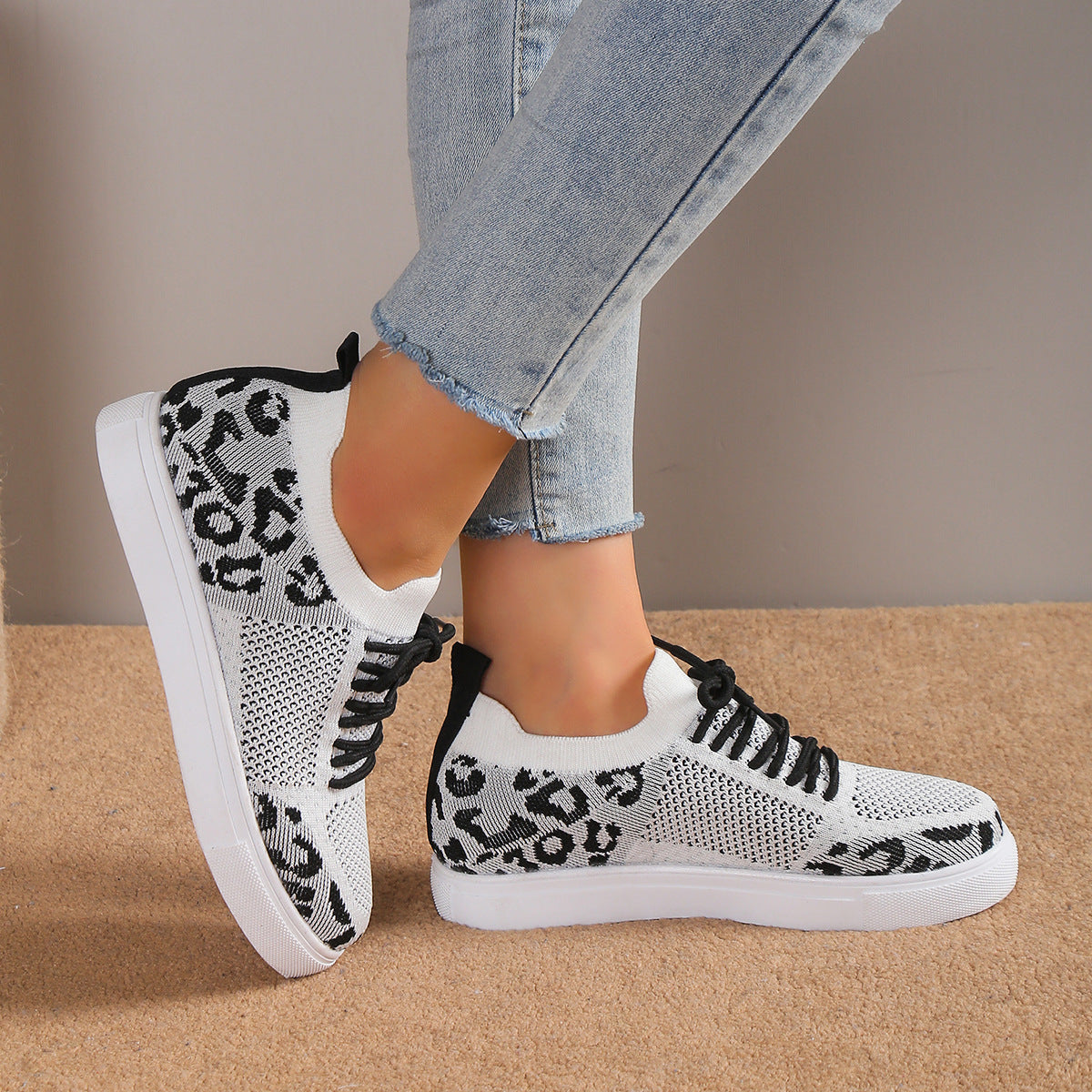 Lace-Up White Leopard Flat Sneakers