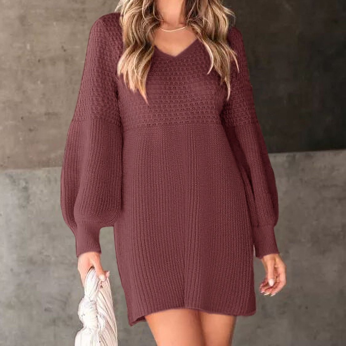 Perfee V-Neck Long Sleeve Sweater Dress