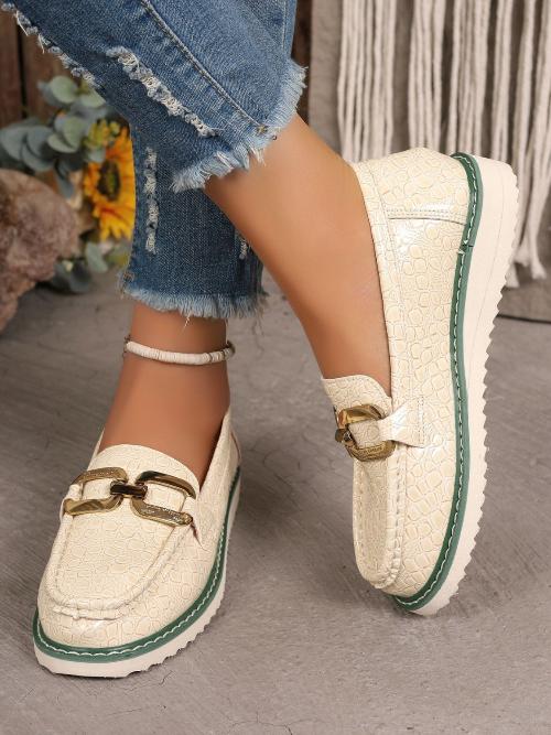 PU Ivory Leather Buckle Trim Loafers