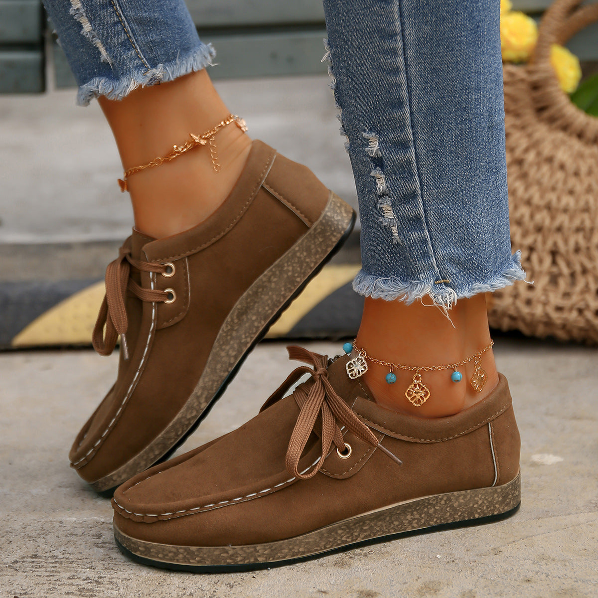 Coffee Brown Suede Lace-Up Flat Slip-Ons