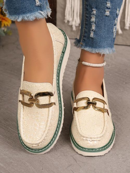 PU Ivory Leather Buckle Trim Loafers