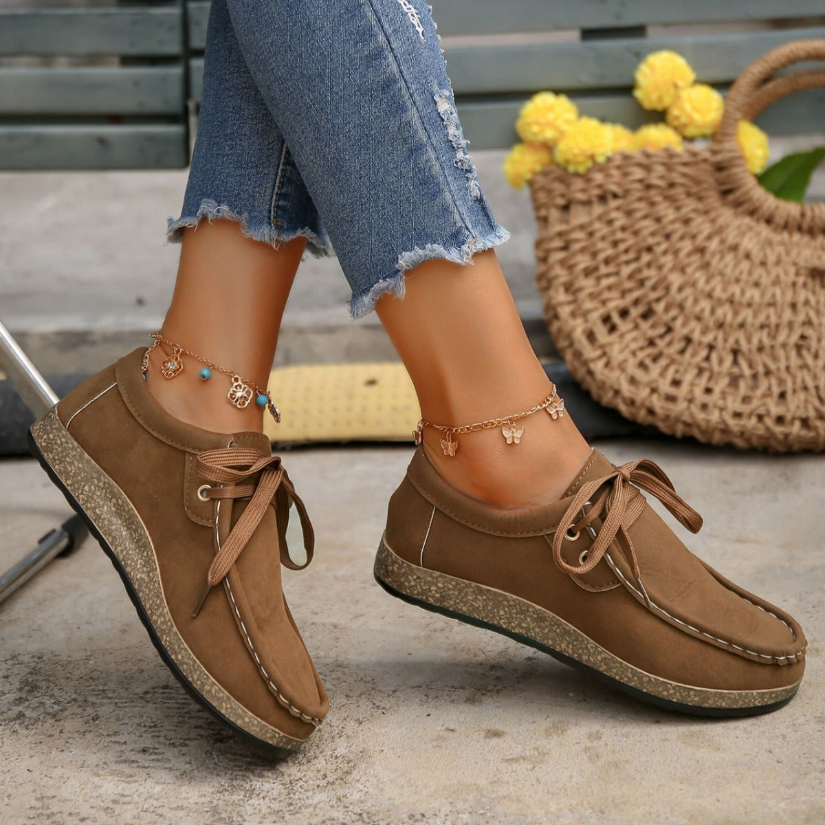 Coffee Brown Suede Lace-Up Flat Slip-Ons