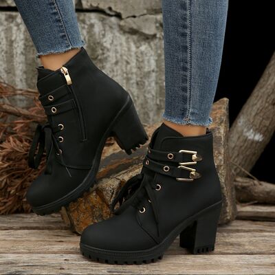 PU Leather Round Toe Block Heel Boots Trendsi