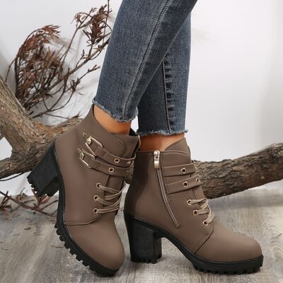 PU Leather Round Toe Block Heel Boots Trendsi