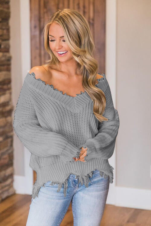 Frayed Hem Dropped Shoulder Sweater - Leahs' Gems