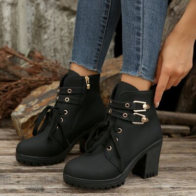 PU Leather Round Toe Block Heel Boots Trendsi