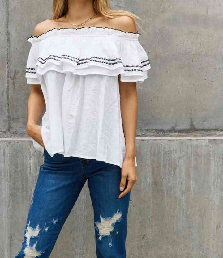 ODDI Full Size Off The Shoulder Ruffle Blouse Trendsi