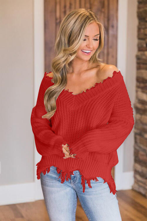 Frayed Hem Dropped Shoulder Sweater - Leahs' Gems