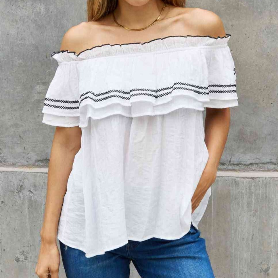 ODDI Full Size Off The Shoulder Ruffle Blouse Trendsi