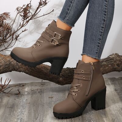 PU Leather Round Toe Block Heel Boots Trendsi